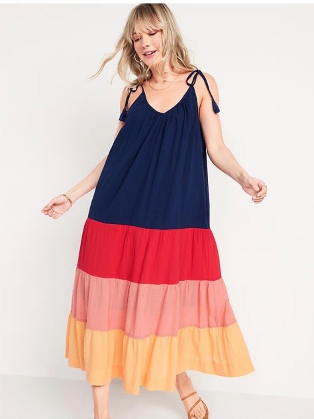 Old Navy Tie-Shoulder Tiered Maxi Dress with Red, Pink & Yellow Panels - XXL